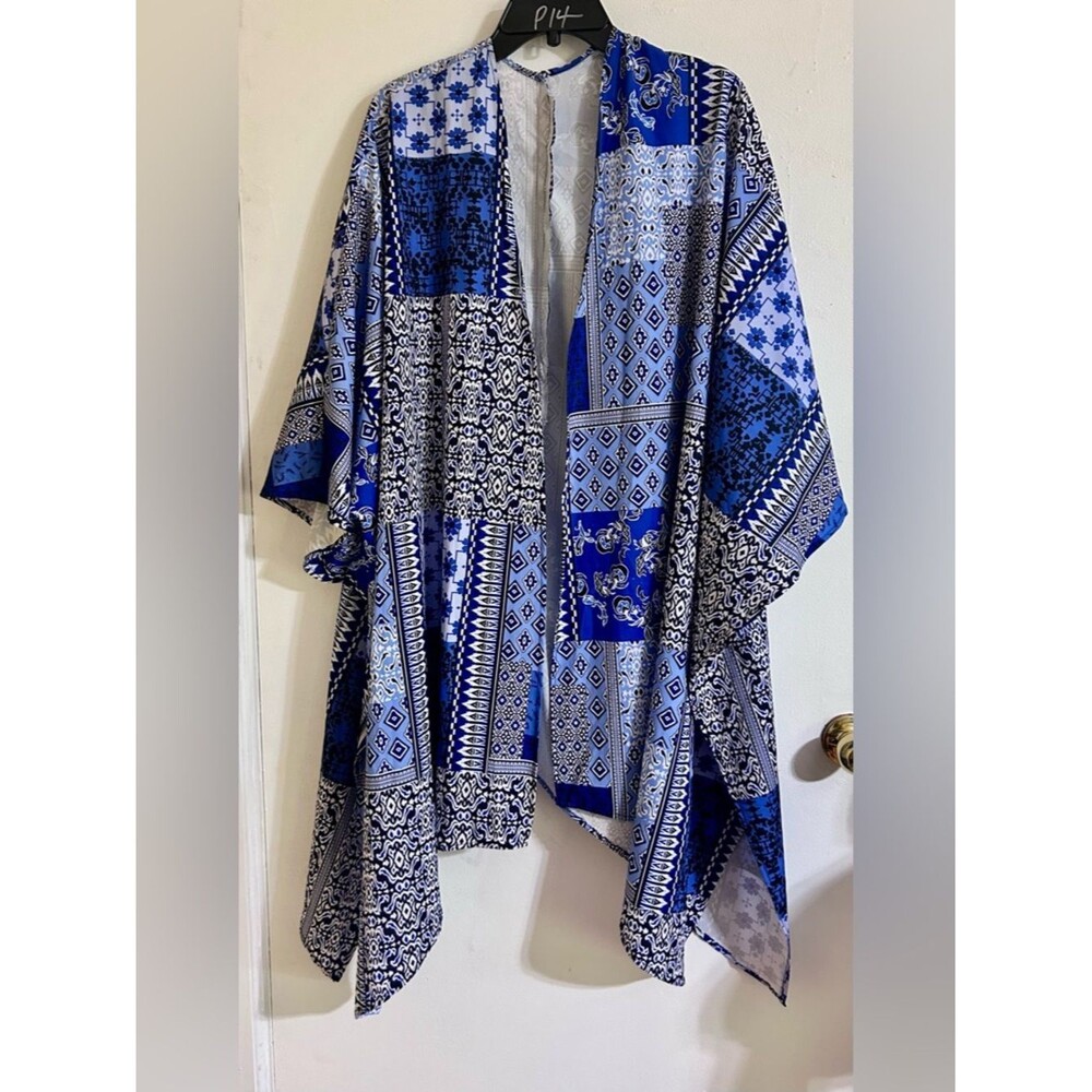 Kimono Boho Patchwork Blue Kimono Tunic - Lightweight Open Front OS GUC